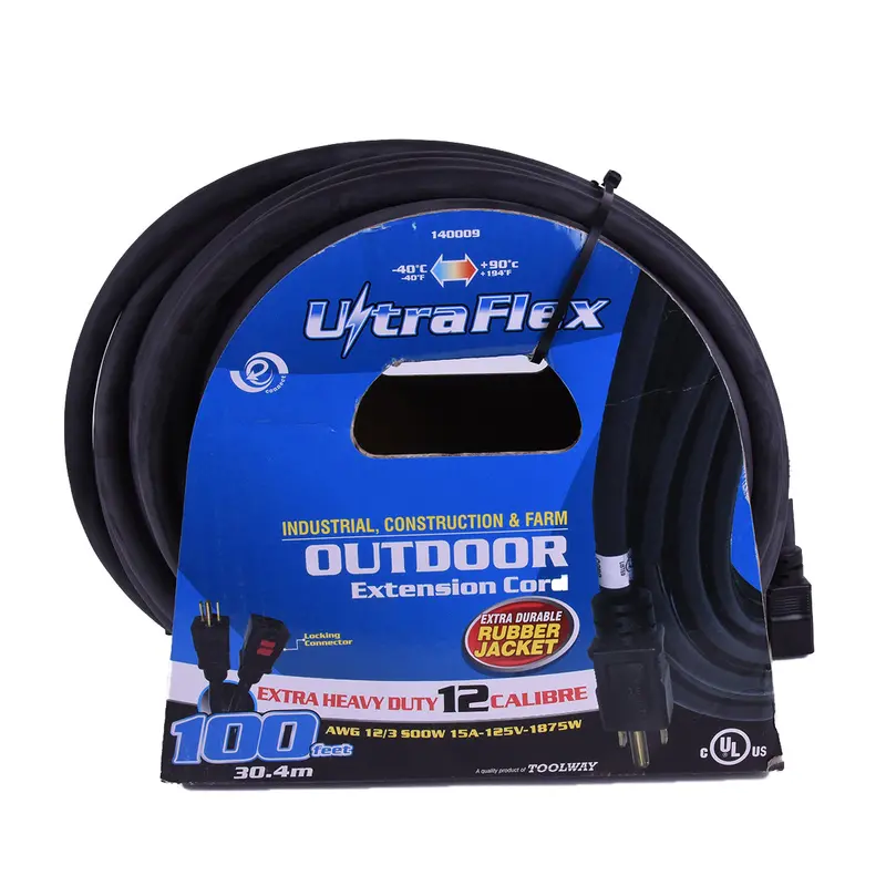 100-Foot Outdoor Seoow 12/3 Extension Cord – Flexicord Heavy-Duty Black Rubber Single-Tap 1
