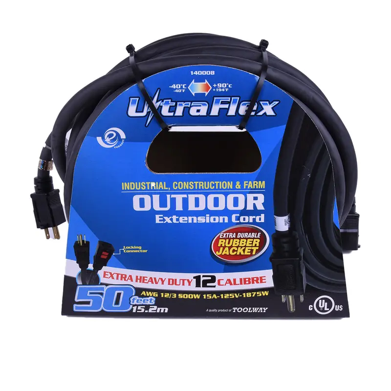 50-Foot Outdoor-Rated Seoow 12/3 Extension Cord – Flexicord Heavy-Duty Rubber Single-Tap Model 1
