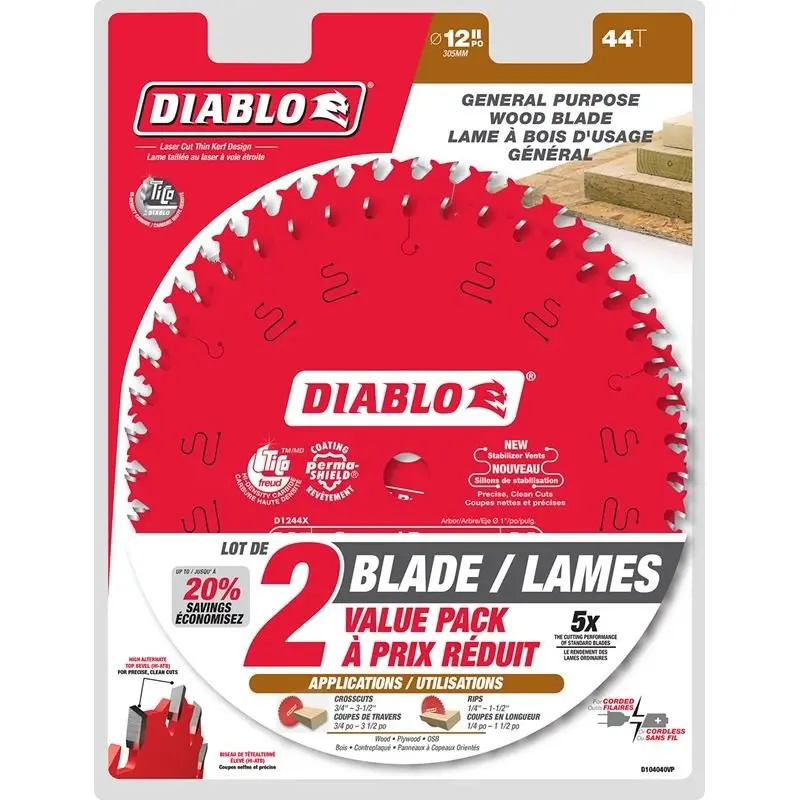 Diablo 12-Inch General-Purpose Saw Blade – 44-Tooth Carbide-Tipped, 2-Pack (D124444Vp) 1