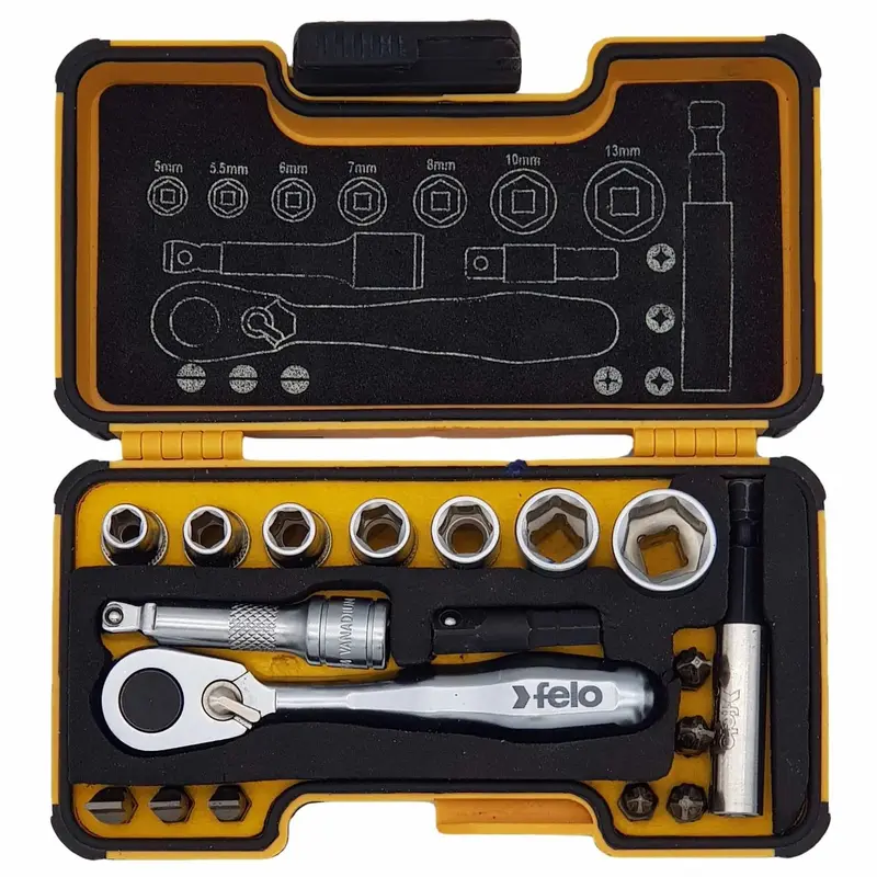 Felo Xs-Strongbox Xs18 1/4" Socket & Bit Set – 18-Piece (Phillips/Pozidriv/Torx®/Socket/Wrench/Bitholder) 1