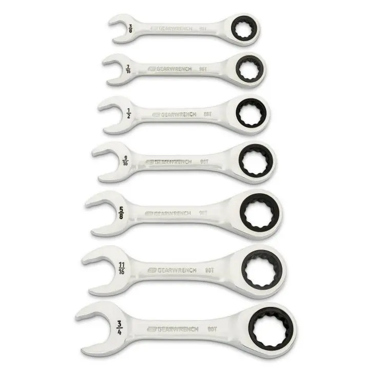 Gearwrench 90-Tooth Stubby Ratcheting Combination Wrench Set – 7-Piece Sae 1