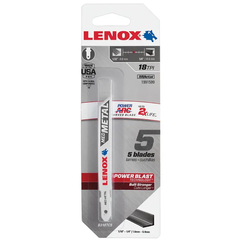 Lenox Power Arc® Curved Jig Saw Blade — 92 Mm × 10 Mm × 0.9 Mm, 18 Tpi, 5-Pack 1
