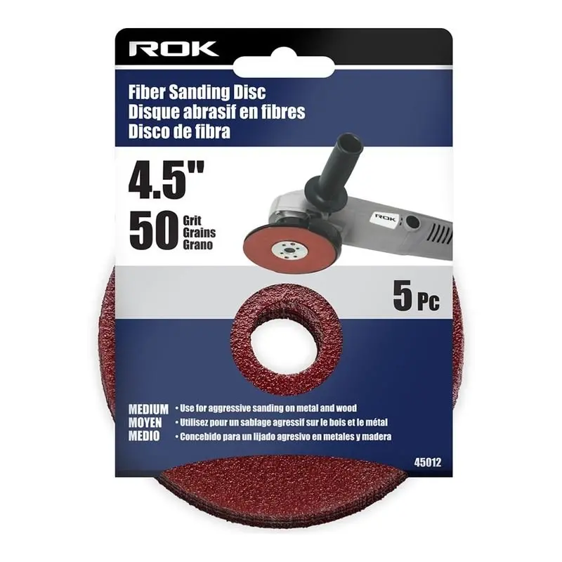 Rok 5-Pack 4-1/2-Inch Fiber Sanding Discs — 50-Grit For Aggressive Material Removal 1