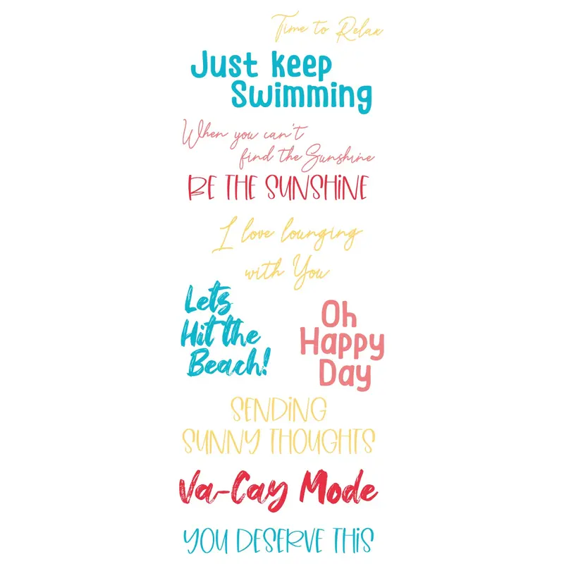 Sizzix Catherine Pooler Va-Cay Mode Clear Stamp Set – 10-Piece Vacation-Themed Phrase Kit 1