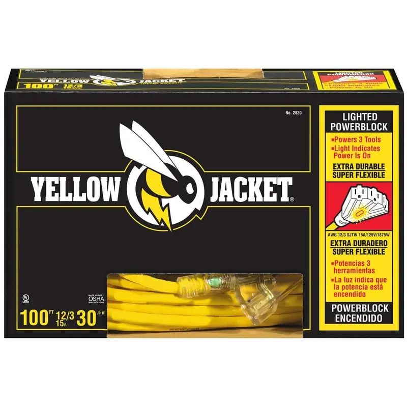 Southwire 100-Foot 12/3 Sjtw Heavy-Duty Outdoor Extension Cord — Triple Outlet, 15A, With Power Indicator Light 1
