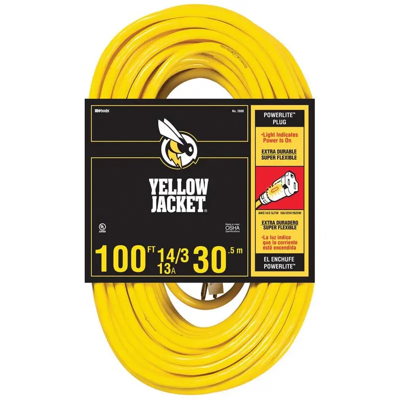 Southwire 100-Foot 14/3 Sjtw Contractor-Grade Outdoor Extension Cord — 13A, Integrated Power Light Plug 1